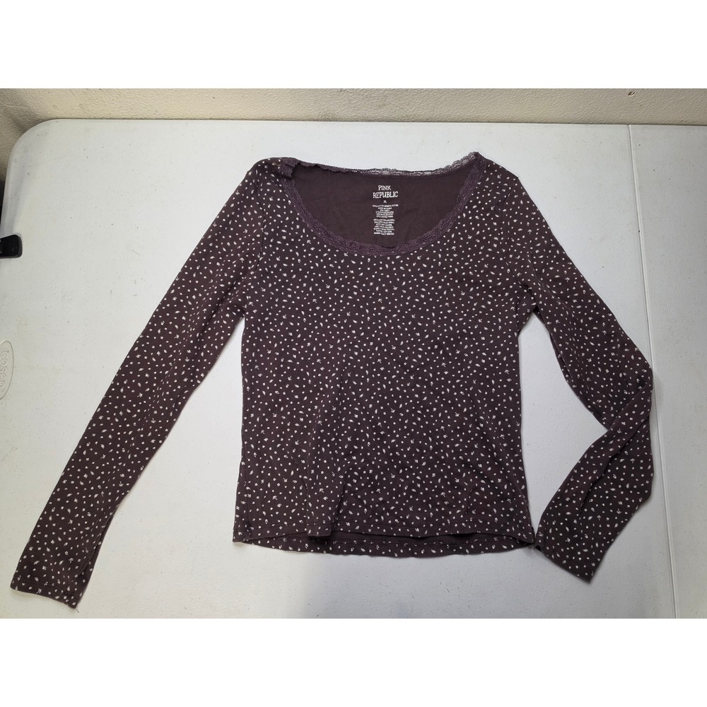 Pink Republic Plum Ditsy Floral Lace Trim Ribbed Long Sleeve Top XL